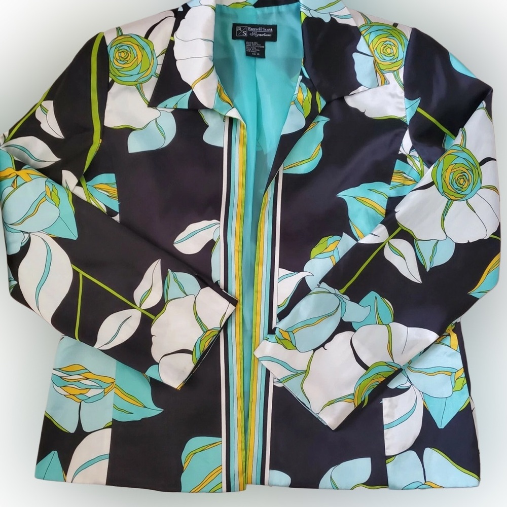 Russell Scott Silk Floral Jacket Black Blue White Green Flowers Open Front Sz 14